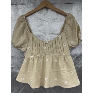 Blue‎ Pepper Puff Sleeve Floral Embroidered Cottage Core Top Ethereal Womens L